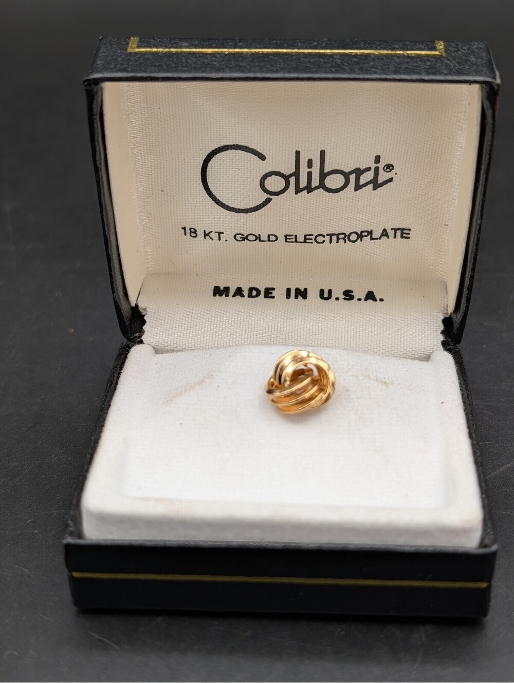 Vintage Colibri 18K Gold Electroplate Love Knot Tie Tac Chain T Bar In Box